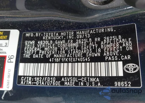 2014 Toyota Camry Le из США, поврежденный, VIN 4T1BF1FK1EU740545